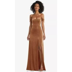 NEW After Six Sz 12 Off Shoulder Velvet Maxi Golden Almond Dress $206 msrp J2-3